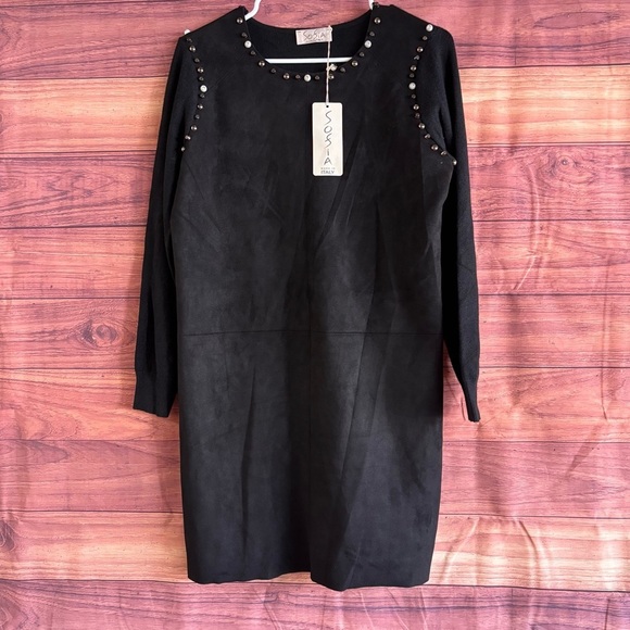 Sosia Dresses & Skirts - Sosia Italy Womens Black Faux Suede Studded Pearl Knit Long Sleeve Dress M18329